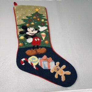 Vintage Needlepoint Disney Christmas Stocking -Kurt Adler Mickey Mouse with Tree